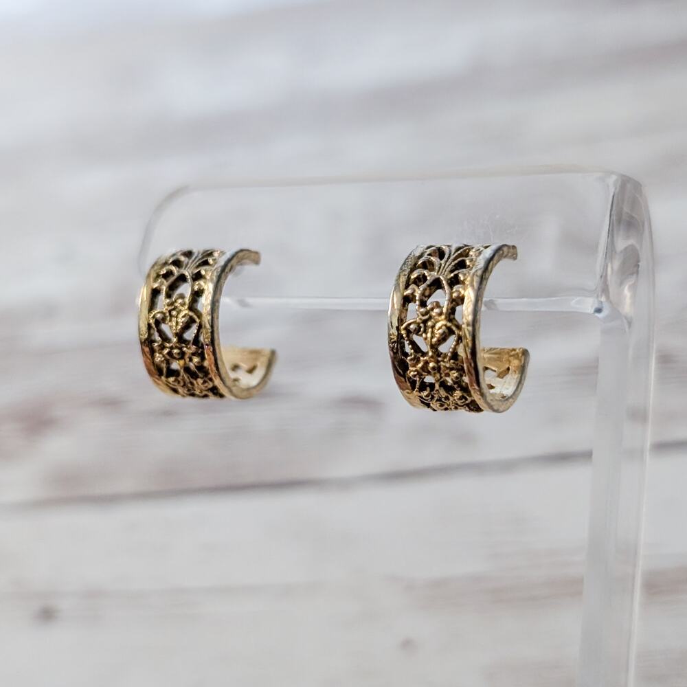 Vintage Earrings for Pierced Ears Ornate Hoops 5/8"